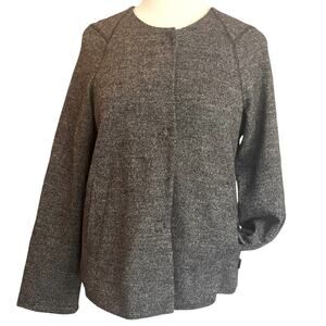 OSKA Wool Short Jacket Blazer Womens 4/6 Charcoal Grey Concealed Snap Lagenlook